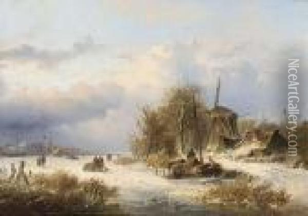 Windmill In A Winter Landscape Oil Painting - Nicolaas Martinus Wijdoogen