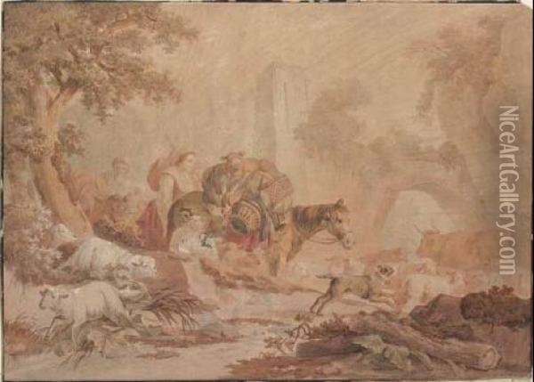 Paesaggio Con Pastorelle Ed Armenti Oil Painting - Jean-Baptiste Huet I