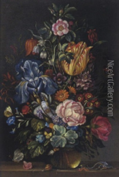 Blumenstraus In Einer Glasvase Oil Painting - Jacob Marrel