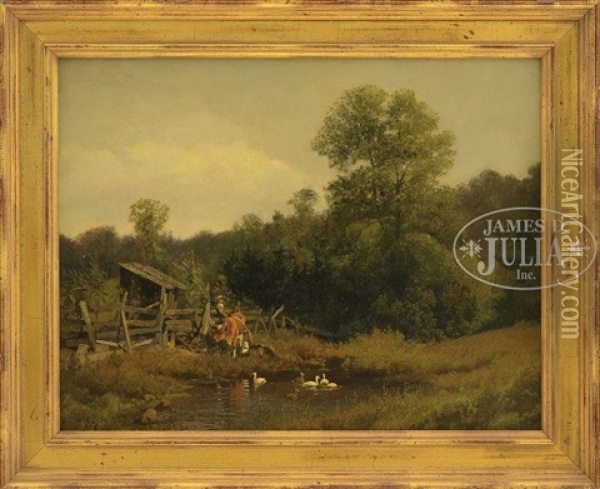 Figure And Cows In Landscape With Duck Pond Oil Painting - Hermann Herzog