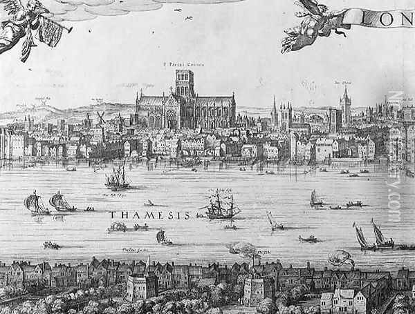 Panorama of London and the Thames, part two showing St. Pauls Cathedral and the Globe Theatre, c. 1600 Oil Painting - Nicolaes (Claes) Jansz Visscher