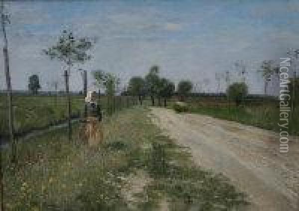Woman On A Roadway With Loaded Barrow, Another Stood On Verge In Foreground In Headscarf Oil Painting - Fritz Bergen