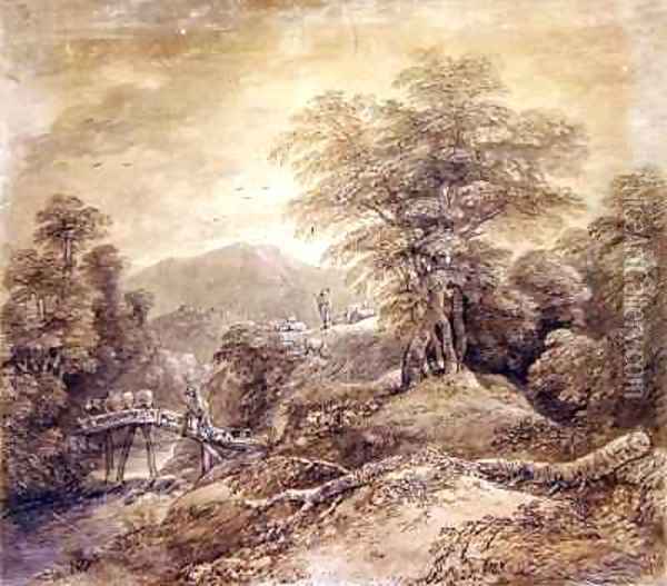 Wooded Mountain Landscape Herdsman and Cows Crossing Oil Painting - Thomas Gainsborough