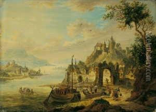 Schutz, Christian Georg D. A. , Umkreis Flusslandschaft Mit Hochgelegener Burg Oil Painting - Georg Christian Urlaub