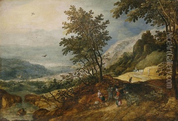 A Wooded Mountainous River Landscape With Travellers Conversing On A Path Oil Painting - Joos de Momper the Younger