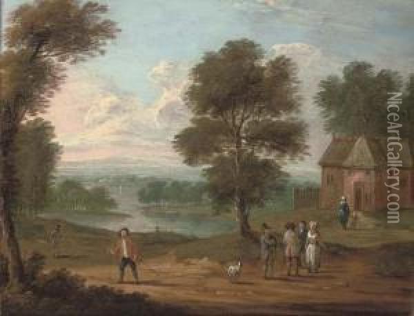 A River Landscape With Figures On A Track, A Cottage Beyond Oil Painting - Marc Baets