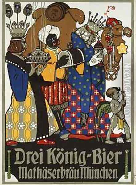 German advertisement for Three Kings beer from Mathaeser brewery Oil Painting - Otto Obermeier
