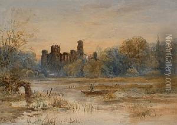A Ruined Abbey At Dusk. Oil Painting - Henry Earp