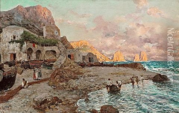 A View Of The Coast Of Capri With Figures On The Beach And I Faraglioni Beyond Oil Painting - Giuseppe Giardiello