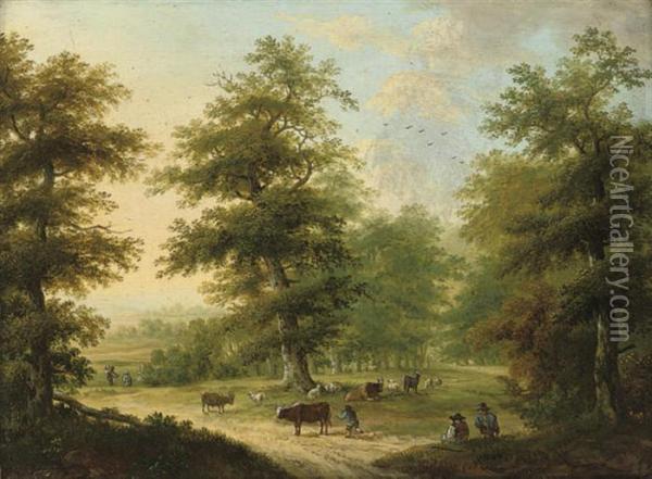 A Wooded Landscape With Drovers And Their Cattle Oil Painting - Jean Louis (Marnette) De Marne