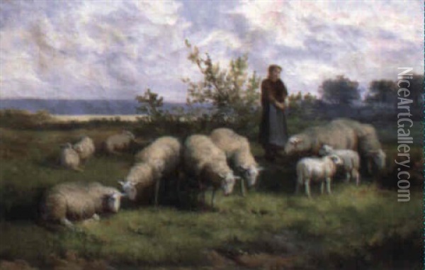 Sheep In A Barn Oil Painting - Jef Louis Van Leemputten