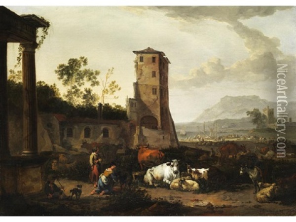 Fantasielandschaft Mit Antiken Ruinen Und Hirtenidylle Oil Painting - Johannes van der Bent