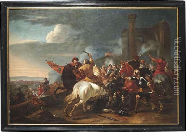 A Cavalry Skirmish Next To Roman Ruins. Oil/canvas/canvas Oil Painting - Jan von Huchtenburgh
