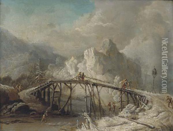 A Winter Landscape With Travellers Crossing A Bridge Oil Painting - Johann Christian Vollerdt or Vollaert