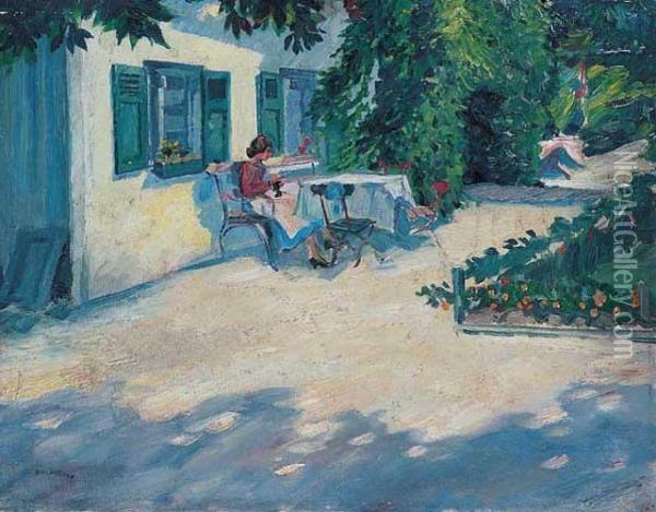 Kobieta Przed Domem W Ogrodzie Oil Painting - Hermann Keimel