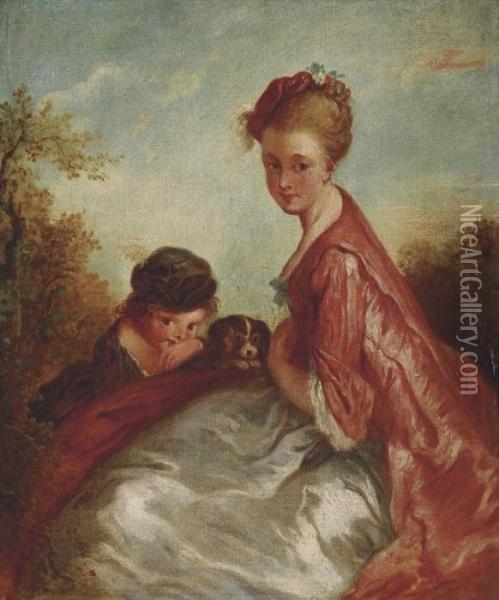 A Mother And Child With A Dog, In A Landscape Oil Painting - Watteau, Jean Antoine
