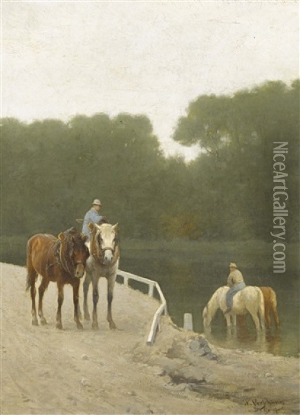 Pferde Und Reiter Am Ufer Oil Painting - Wouter Verschuur the Younger