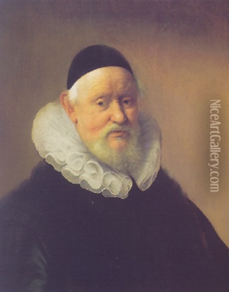 Portrait Of A Gentleman Wearing A Black Jacket With A Fur-trimmed Collar, A White Ruff, And A Black Skull Cap Oil Painting - Paulus Lesire