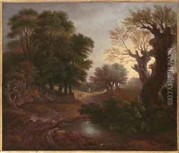 Wooded Landscape with Drover and Cattle and Milkmaids Oil Painting - Thomas Gainsborough