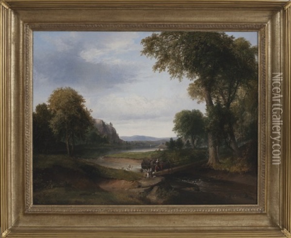 Landscape With Footbridge And Figures Fishing Oil Painting - Thomas Doughty