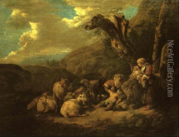 Shepherdess With Her Children And Livestock In A Landscape Oil Painting - Johann Heinrich Roos