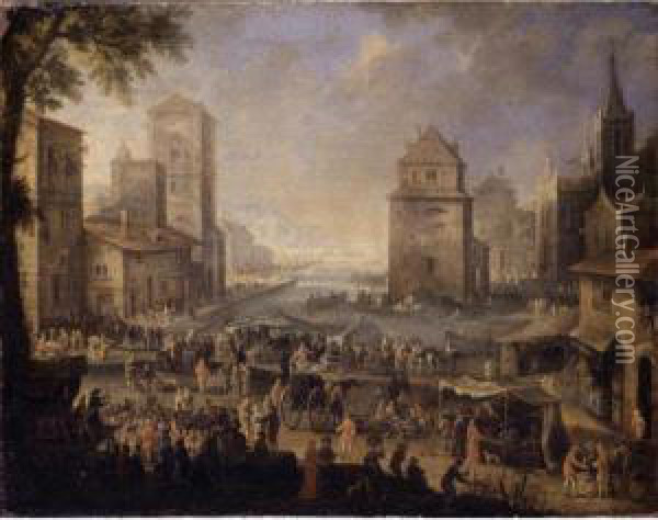 Harbor Scene With Merchants And Elegant Figures At A Market Oil Painting - Jean Baptist Van Der Meiren