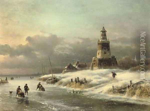 On the ice near a lighthouse Oil Painting - Lodewijk Johannes Kleijn
