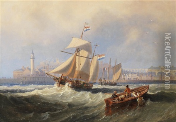 A Dutch Hoy Outward-bound Off Scarborough, With A Large Dutch Lugger Heading Into Harbour Oil Painting - John Wilson Carmichael