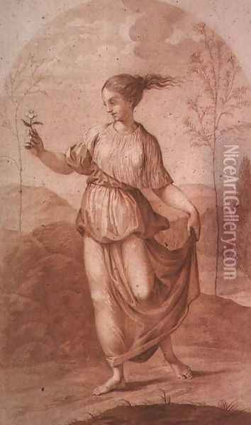 A Young Woman walking bare-footed in a Landscape Oil Painting - Giovanni Battista Cipriani