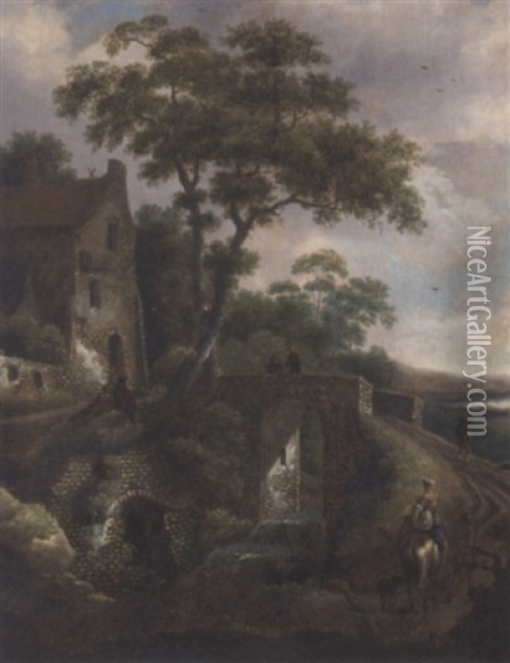 A Wooded River Landscape With Travellers By A Bridge Oil Painting - Michel van Vries
