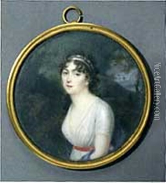 Portrait De Femme En Robe Blanche A La Ceinture Rouge Devant Un Paysage Oil Painting - Jacques Delaplace