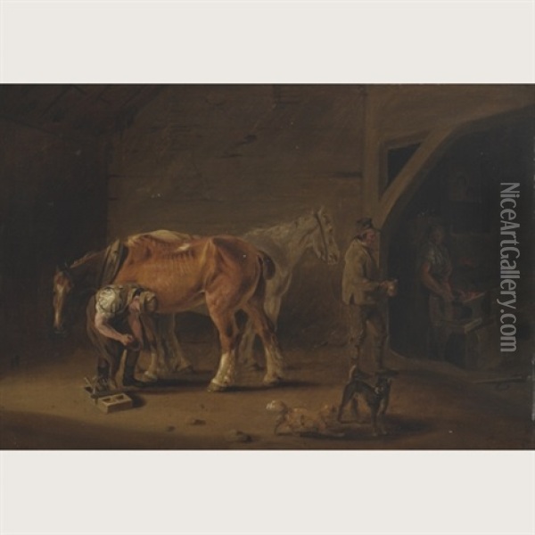 At The Blacksmith's Shop Oil Painting - Edmund Bristow
