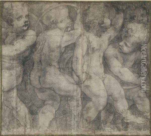 Putti Dancing With Hoops Oil Painting - Michelangelo Anselmi
