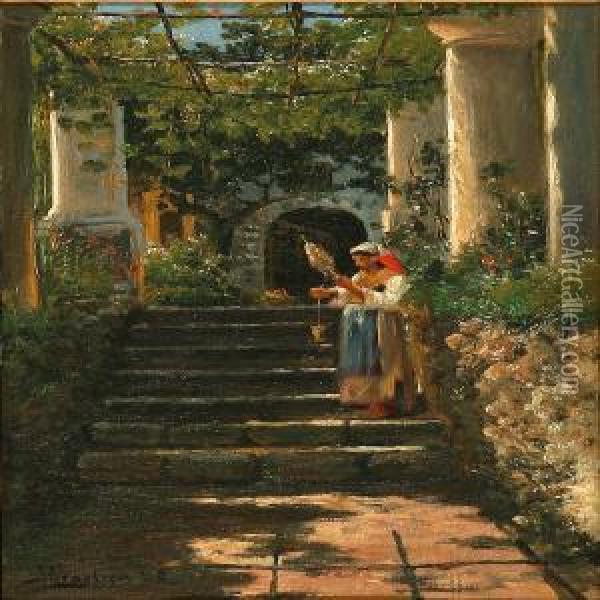 An Italianwoman With A Spindle On A Staircase Oil Painting - Carl Schlichting-Carlsen