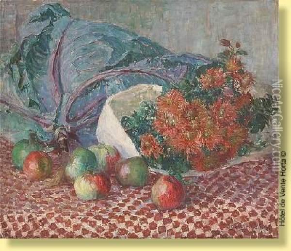 Composition Aux Pommes, Chou Et Oil Painting - Louise Coupe