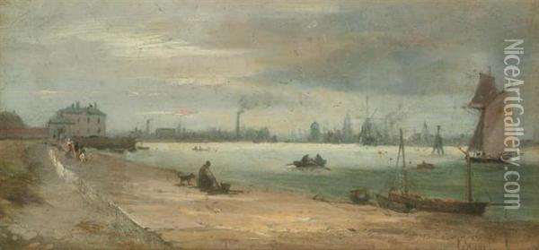 The Shore Of The River Mersey, Liverpool In The Distance Oil Painting - Edwin Hayes