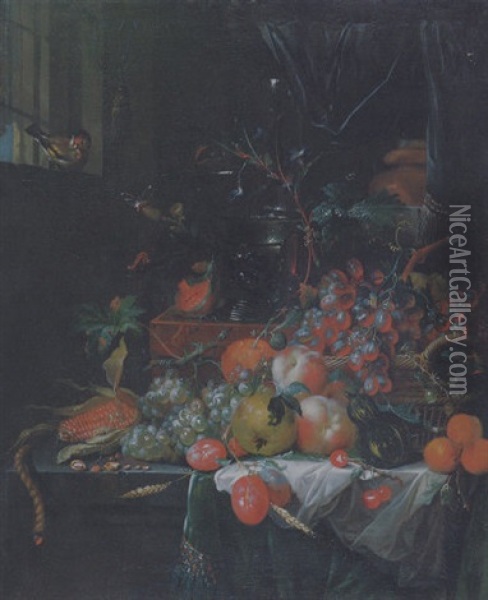 Grapes In A Basket, A Corn Cob, Various Fruit, A Roemer And A Wine Flute On A Chest, A Lit Taper On A Draped Stone Ledge And A Chaffinch In A Window Oil Painting - Catharina Treu