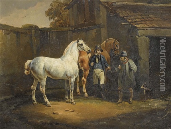 Zwei Pferde Vor Gehoft Oil Painting - Joseph Simon Volmar