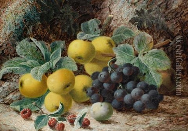 Still Life Of Apples, Grapes And Raspberries On A Mossy Bank Oil Painting - Oliver Clare