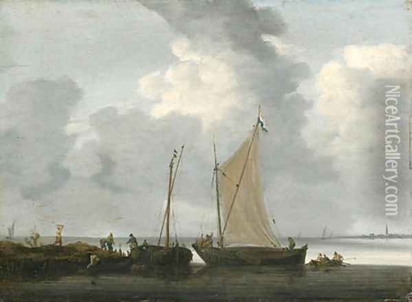 Fishermen unloading their Catch in calm Waters Oil Painting - Hieronymous Van Diest