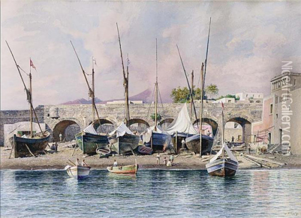 View Of A Dock Yard In An Italian Town Oil Painting - Friedrich Nerly