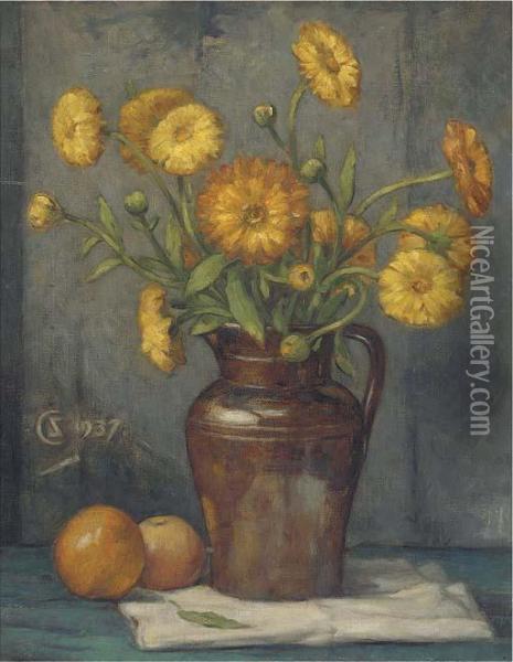 Marigolds In An Earthenware Jug Oil Painting - Stewart Carmichael