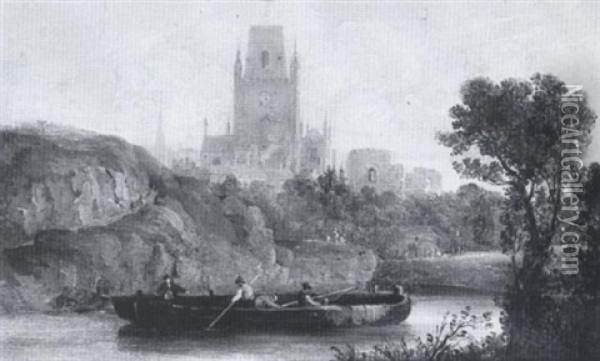 Landscape With Barges On A River Beneath A Church And Ruined Castle Oil Painting - William Alfred Delamotte