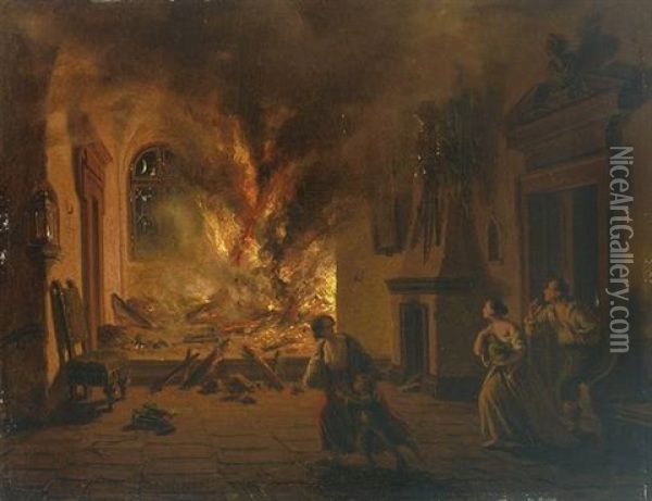 Blick In Einen Brennenden Schlossaal, Im Vordergrund Vor Dem Feuer Fliehende Bewohner Oil Painting - Johann Josef Geyer