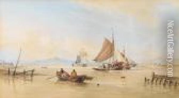 Barges And A Trading Brig At 
Work In Anestuary, With Fishermen Recovering Their Lobster Pots In 
Theforeground Oil Painting - Thomas Sewell Robins