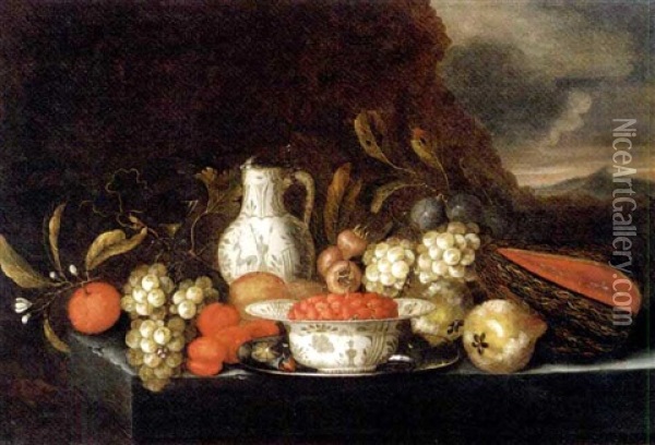 Grapes, Plums, Figs, Pears, Peaches, Oranges, A Melon, A Kraak Porcelain Bowl Of Strawberries On A Pewter Platter With A Jug And A Glass Of Wine On A Stone Ledge In A Landscape Oil Painting - Jan Pauwel Gillemans The Elder