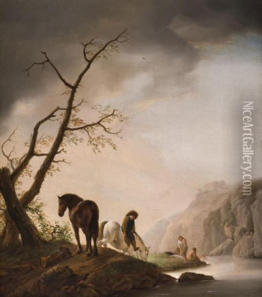 Reiter Mit Zwei Pferden Am Flussufer Oil Painting - Pieter Wouwermans or Wouwerman