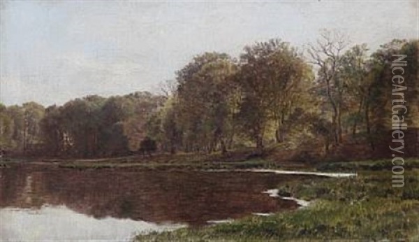 Landscape With A Forest Lake Oil Painting - Janus la Cour