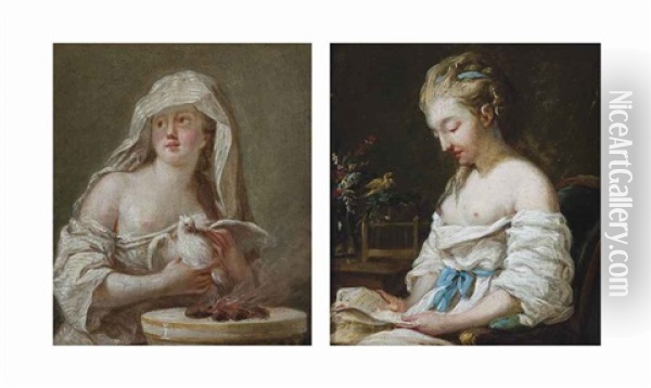 A Vestal Virgin Holding A Dove And A Lady Seated At A Table Reading A Letter (a Pair) Oil Painting - Joseph Marie Vien