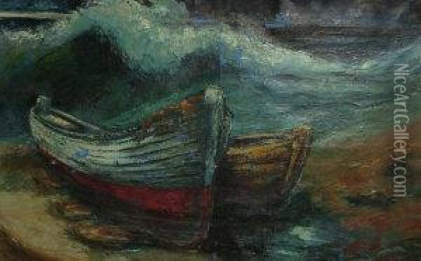 Mid-late 20th Century- Beached Vessel On A Shore Oil Painting - M. Guzman